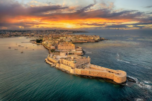 Landscape with Syracuse at sunset, Sicily islands, Italy